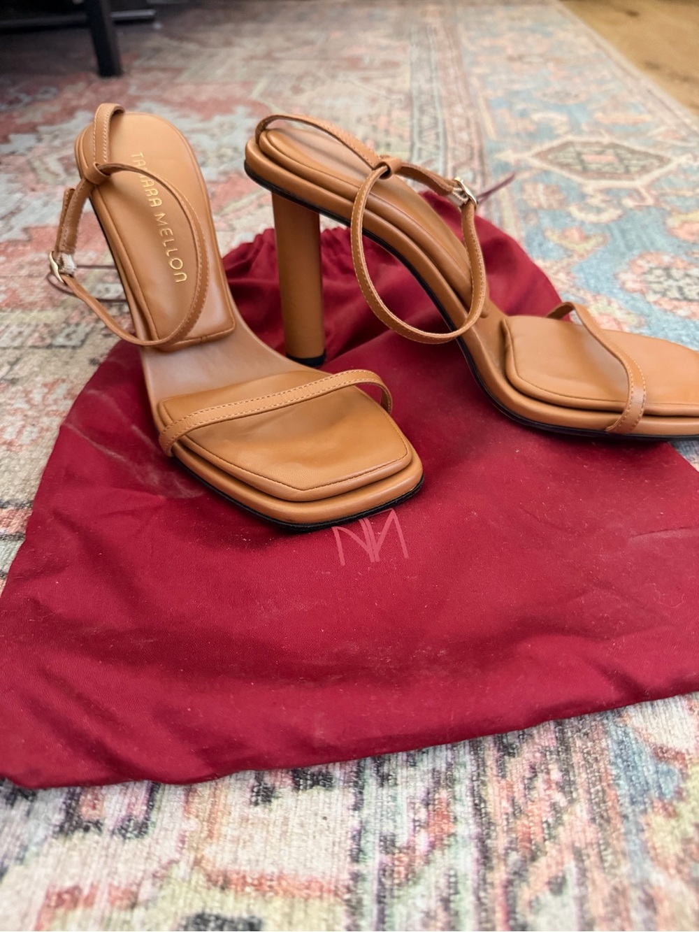 Tamara Mellon Tan Square-Toe Block Heel Sandals